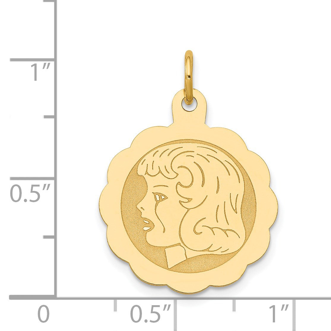 14k Girl Head on .013 Gauge 18mm Engravable Scalloped Disc Charm