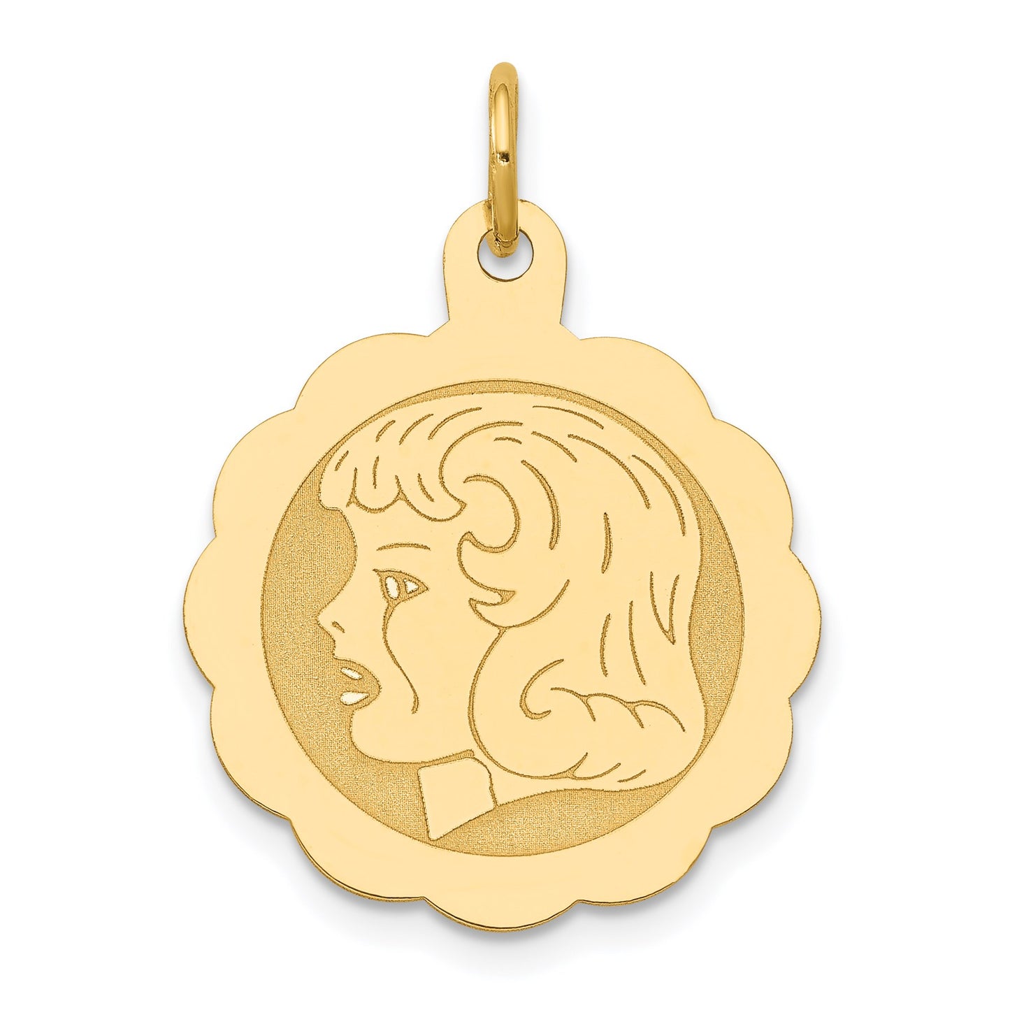 14k Girl Head on .013 Gauge 18mm Engravable Scalloped Disc Charm