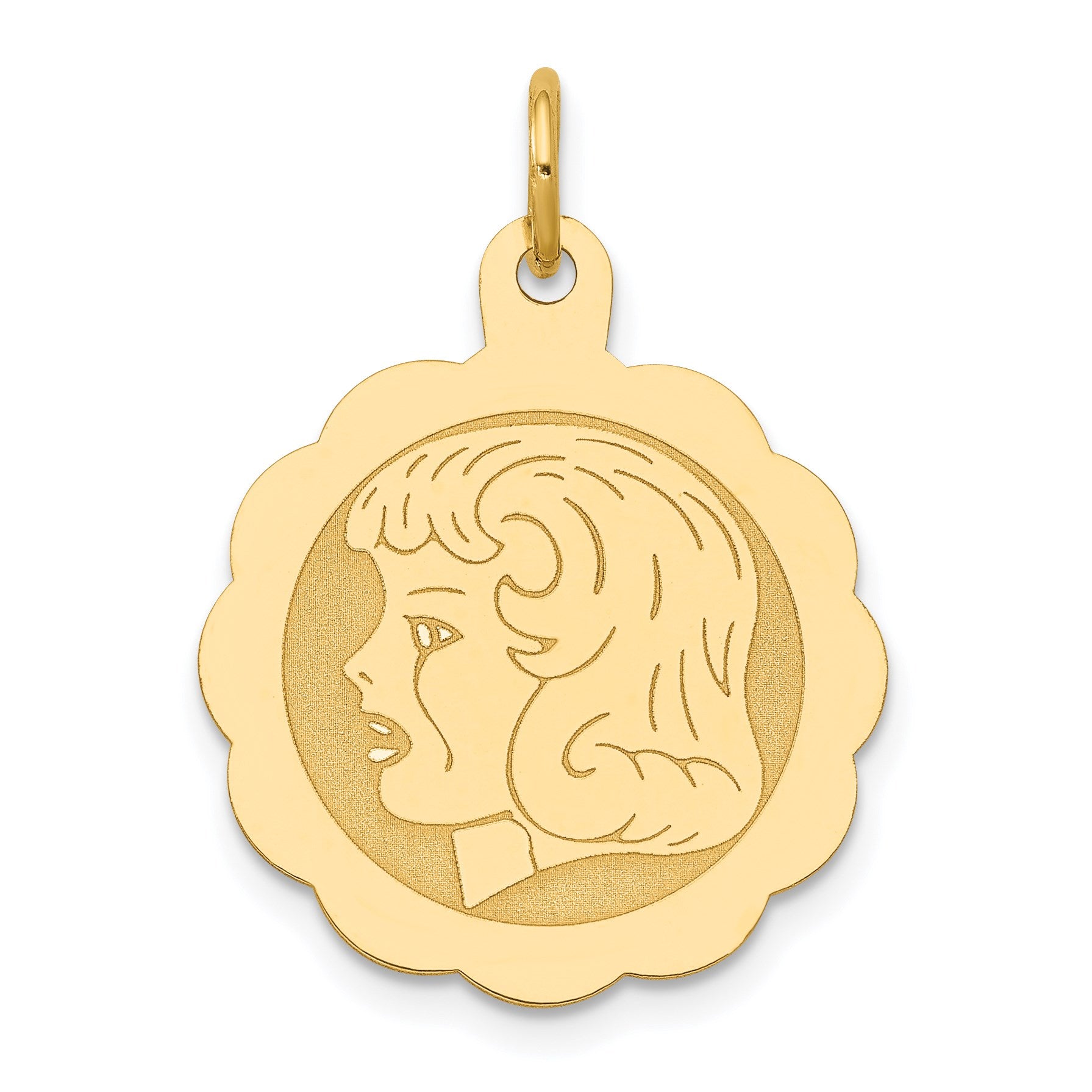 14k Girl Head on .013 Gauge 18mm Engravable Scalloped Disc Charm