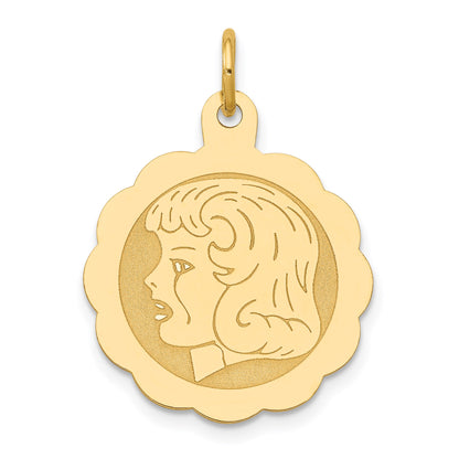 14k Girl Head on .013 Gauge 18mm Engravable Scalloped Disc Charm