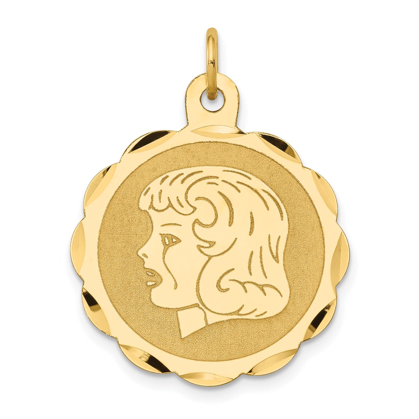 14k Girl Head on .011 Gauge 22mm Engravable Scalloped Disc Charm