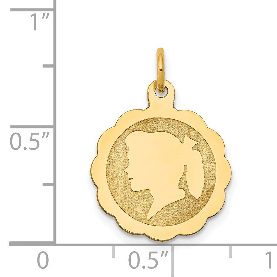 14k Girl Head on .011 Gauge Engravable Scalloped 17x15mm Disc Charm