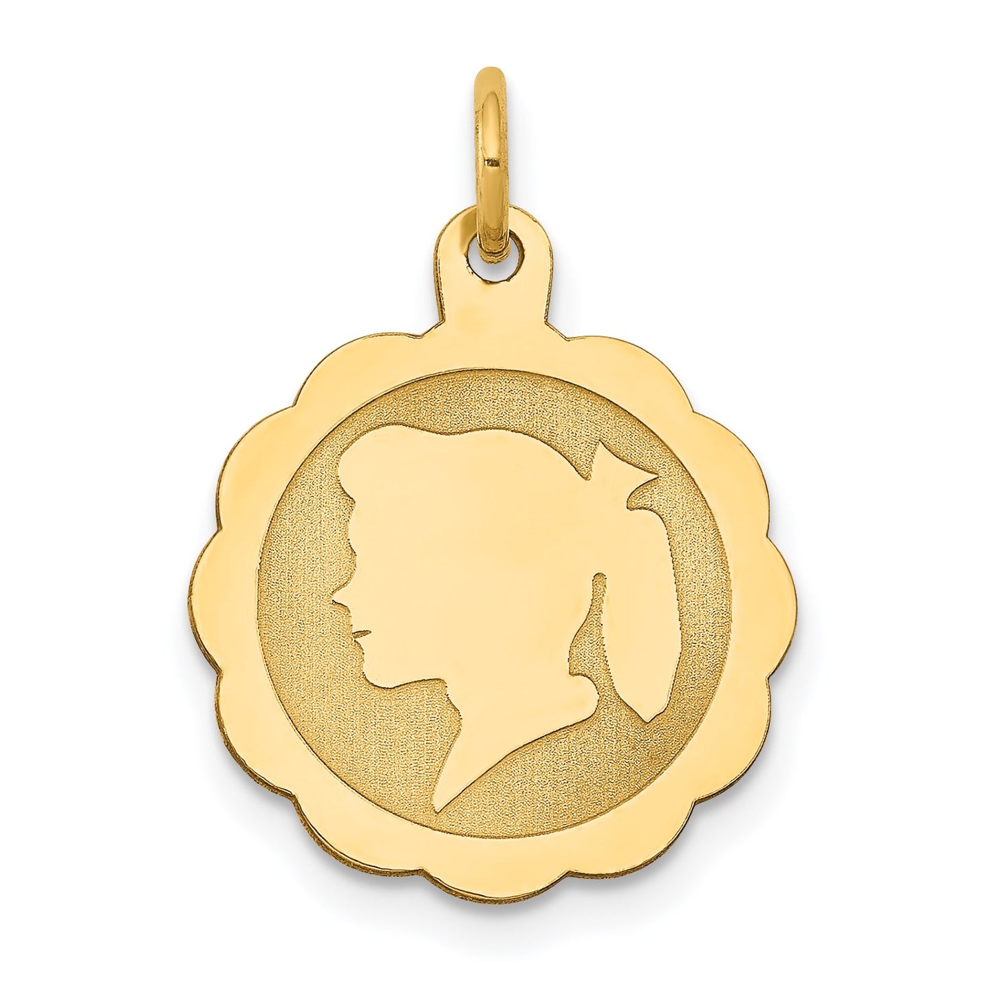 14k Girl Head on .011 Gauge Engravable Scalloped 17x15mm Disc Charm
