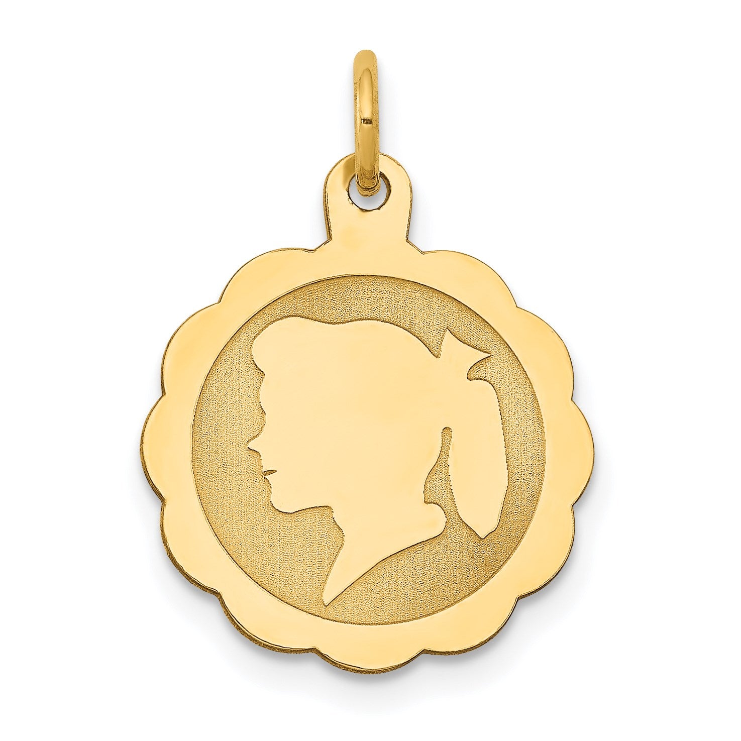 14k Girl Head on .011 Gauge Engravable Scalloped 17x15mm Disc Charm