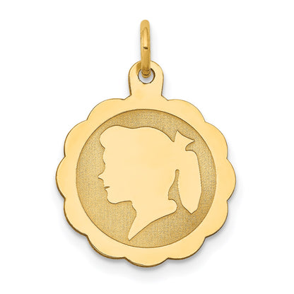 14k Girl Head on .009 Gauge Engravable Scalloped 17x15mm Disc Charm
