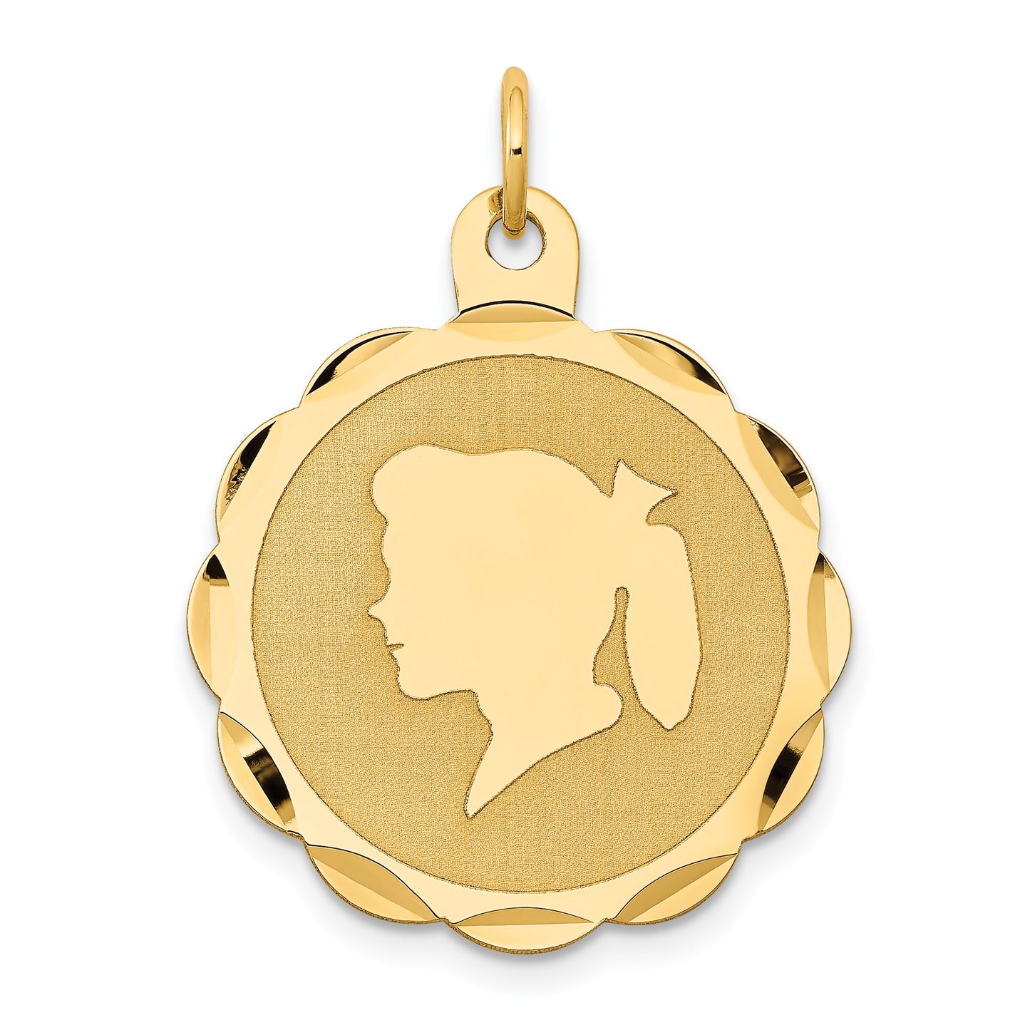 14k Girl Head on .013 Gauge Engravable Scalloped 25x22mm Disc Charm
