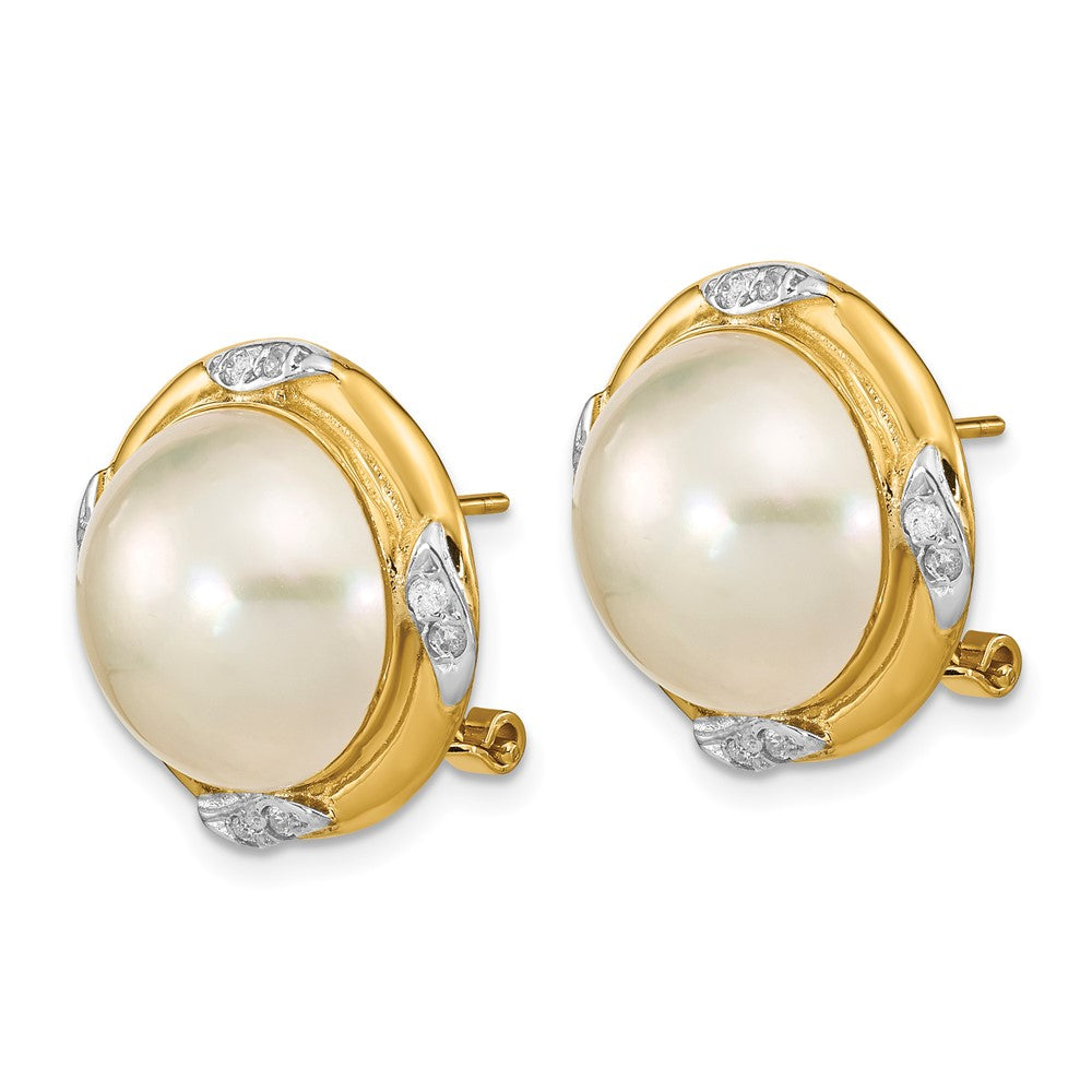 14k 13-14mm White Mabe Saltwater Cultured Pearl and .16 Carat Diamond Omega Back Earrings