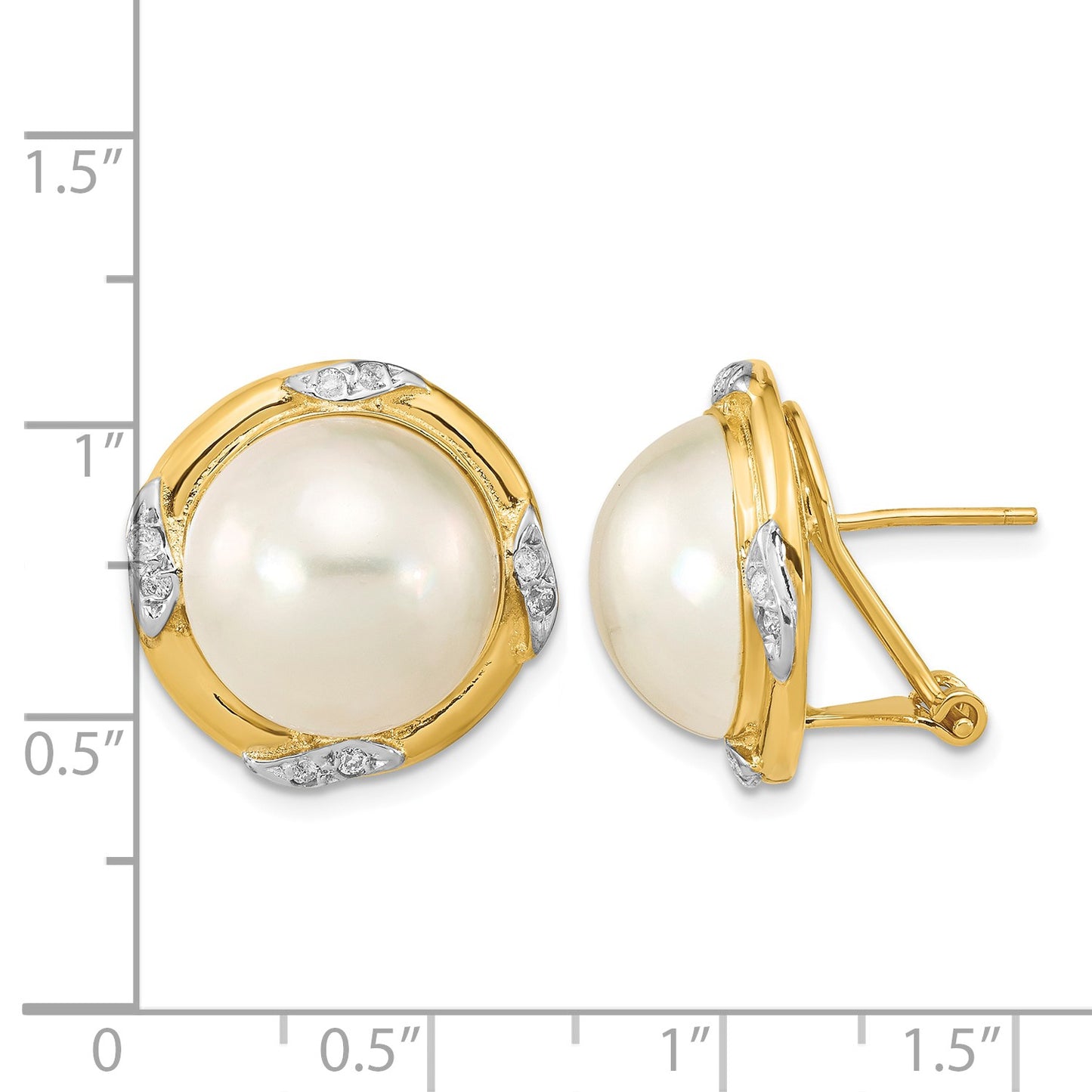 14k 13-14mm White Mabe Saltwater Cultured Pearl and .16 Carat Diamond Omega Back Earrings
