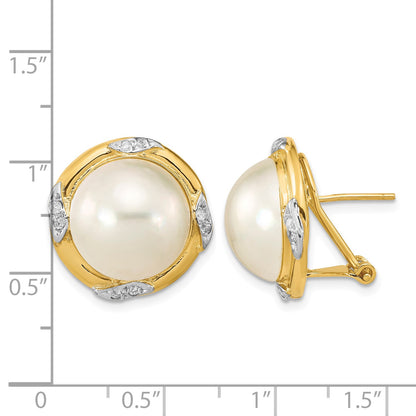 14k 13-14mm White Mabe Saltwater Cultured Pearl and .16 Carat Diamond Omega Back Earrings