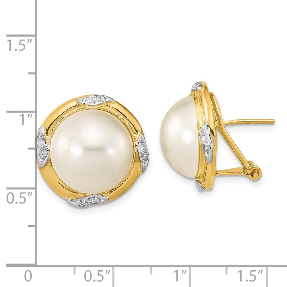 14k 13-14mm White Mabe Saltwater Cultured Pearl and .16 Carat Diamond Omega Back Earrings