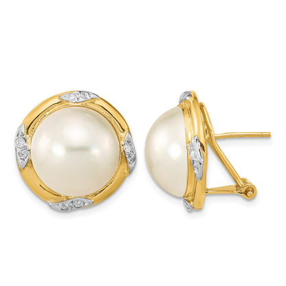 14k 13-14mm White Mabe Saltwater Cultured Pearl and .16 Carat Diamond Omega Back Earrings