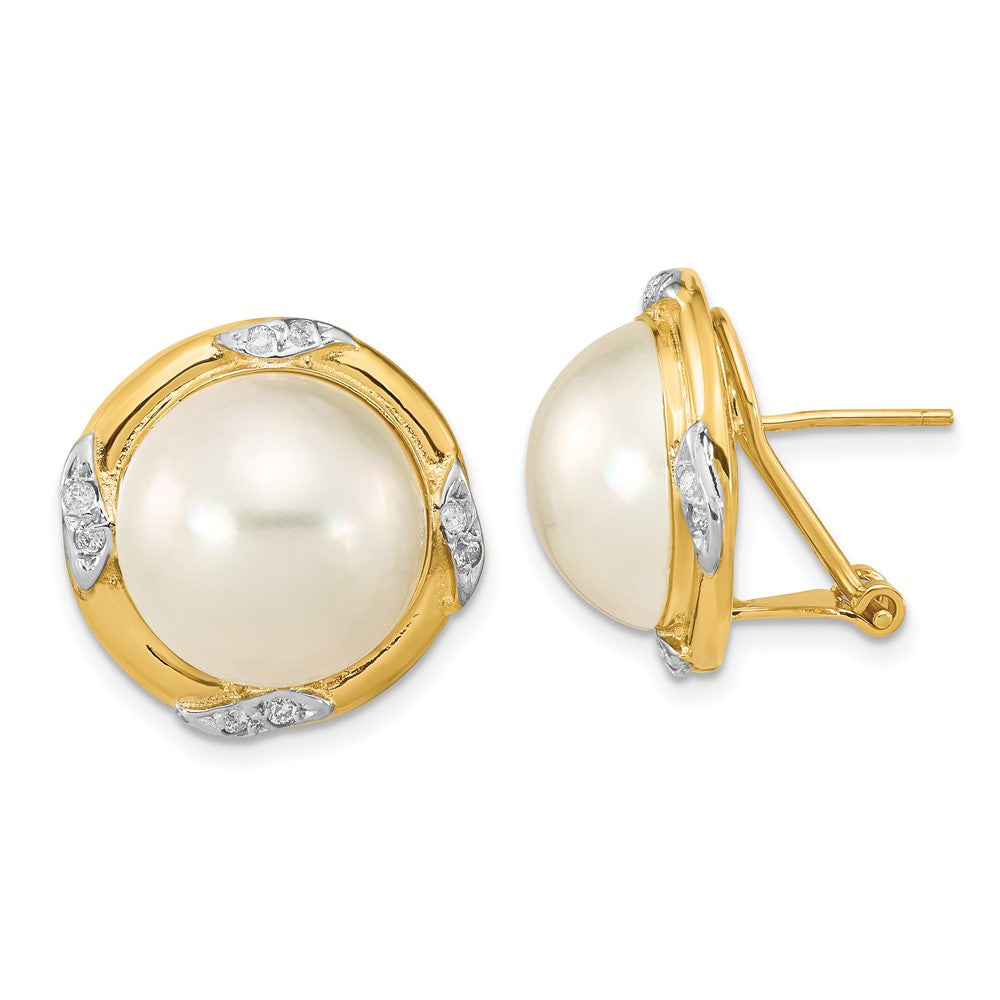 14k 13-14mm White Mabe Saltwater Cultured Pearl and .16 Carat Diamond Omega Back Earrings