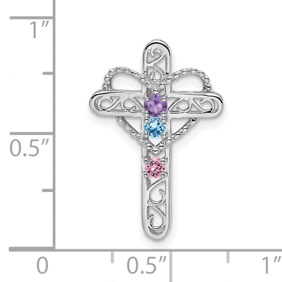 14k White Gold Polish Filigree 3-Stone Mothers Cross Pendant Mounting