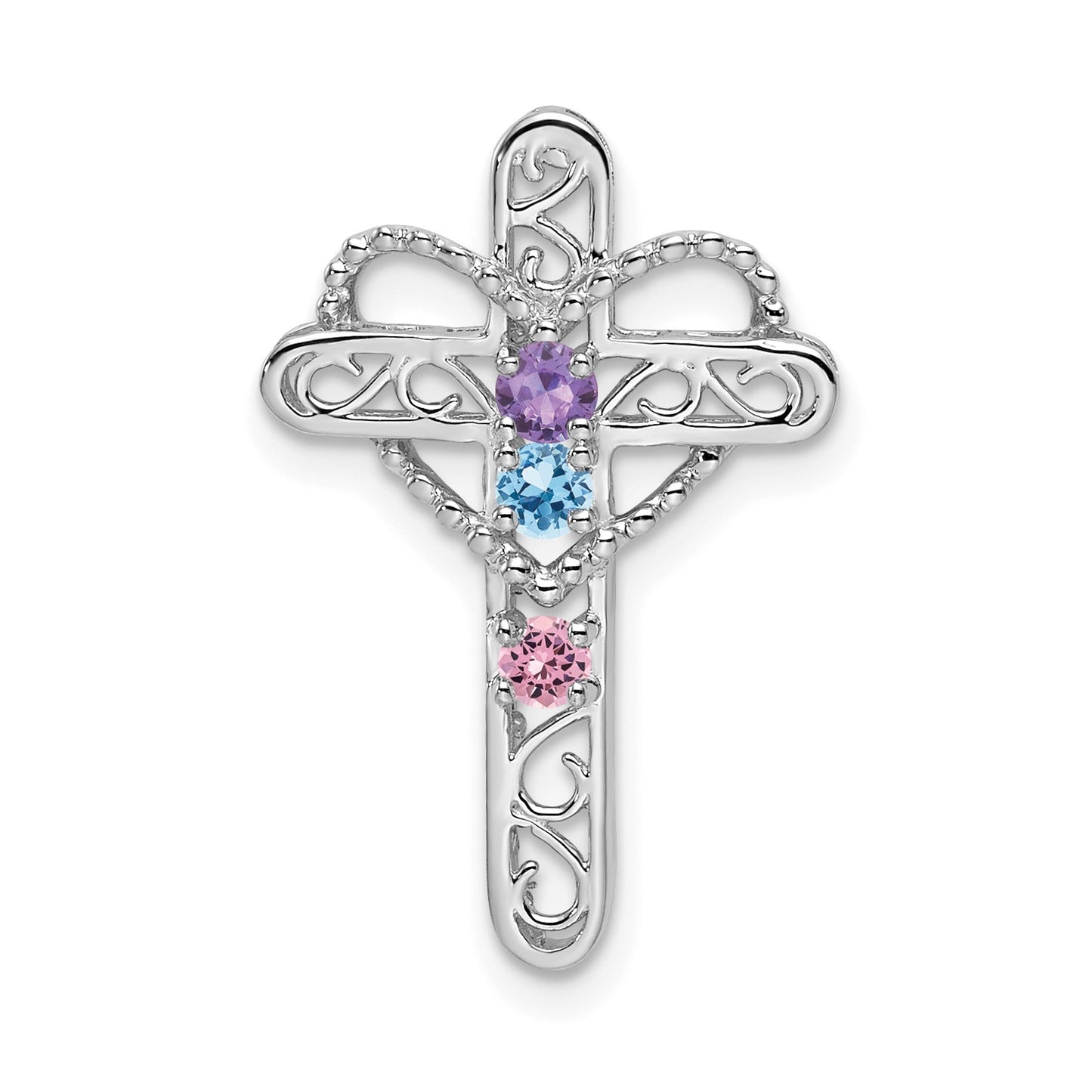 14k White Gold Polish Filigree 3-Stone Mothers Cross Pendant Mounting