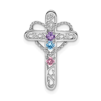 14k White Gold Polish Filigree 3-Stone Mothers Cross Pendant Mounting