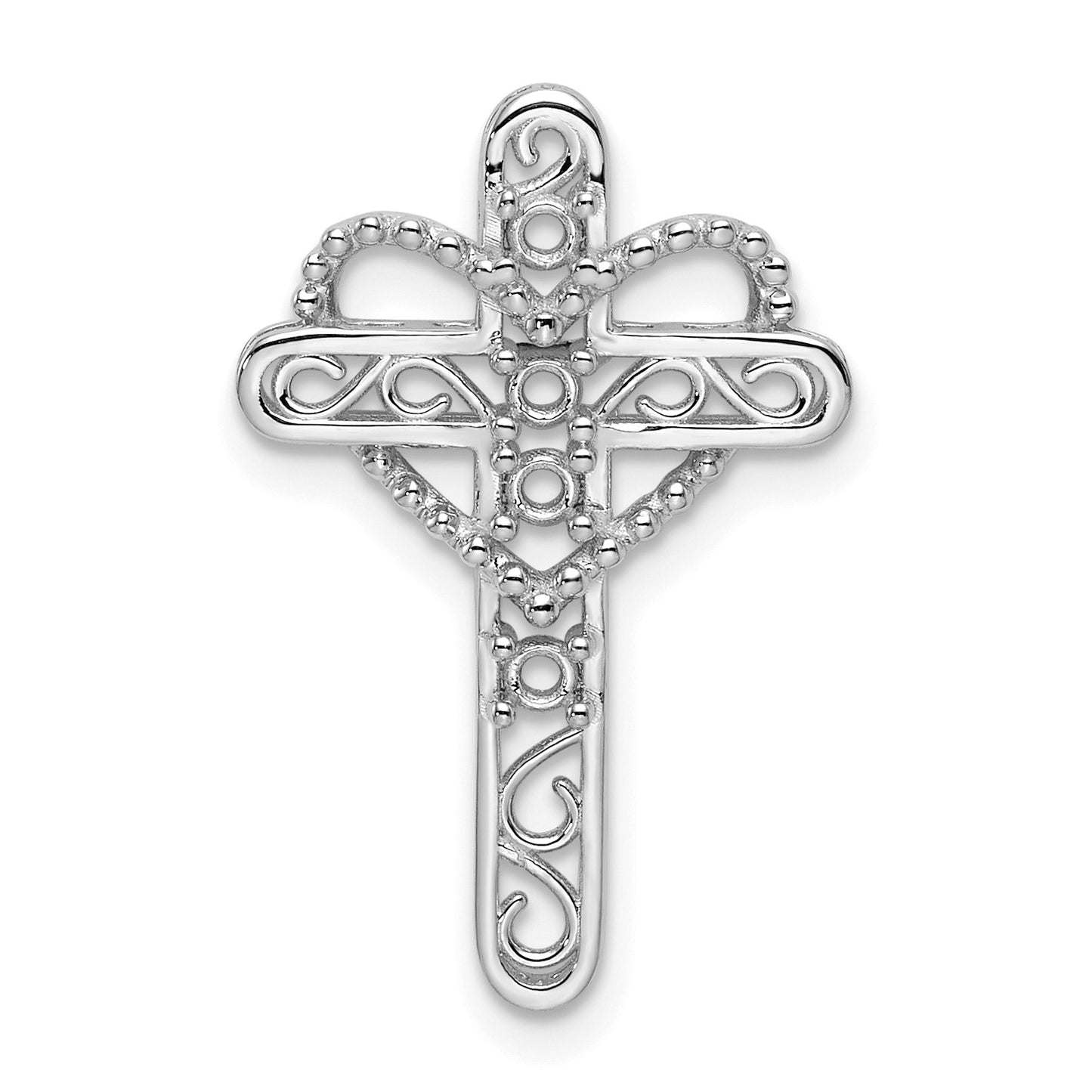 14k White Gold Polish Filigree 4-Stone Mothers Cross Pendant Mounting