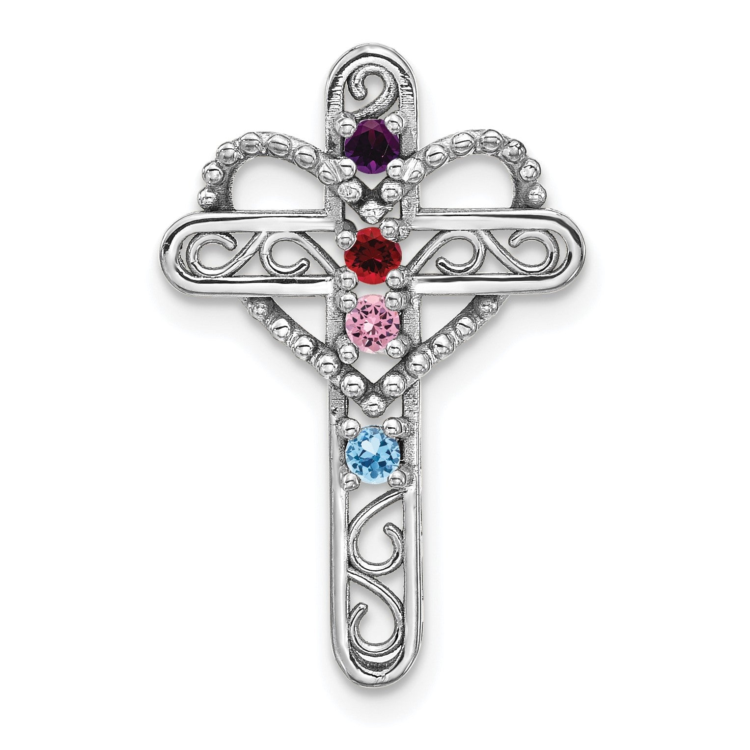 14k White Gold Polish Filigree 4-Stone Mothers Cross Pendant Mounting