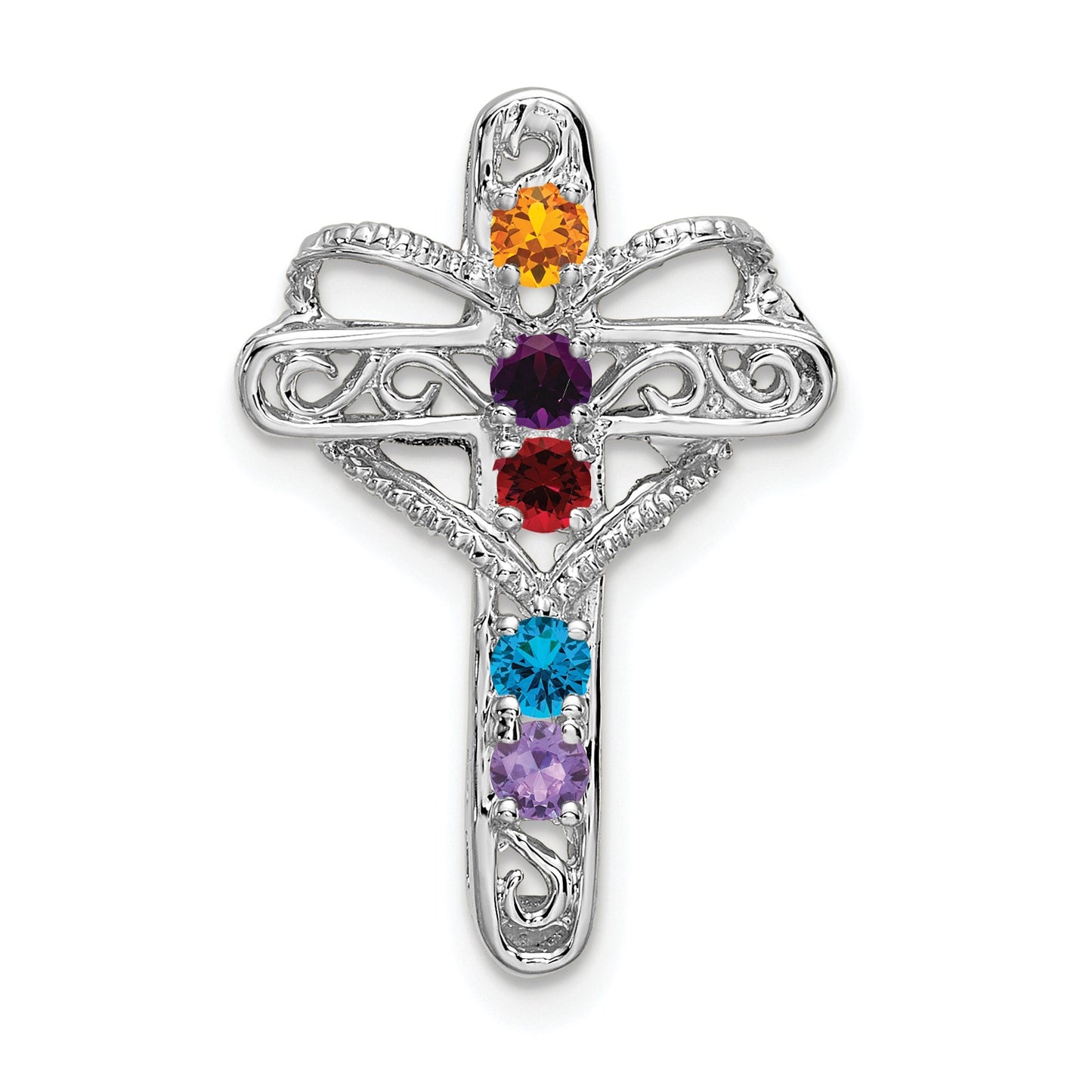 14k White Gold Polish Filigree 5-Stone Mothers Cross Pendant Mounting