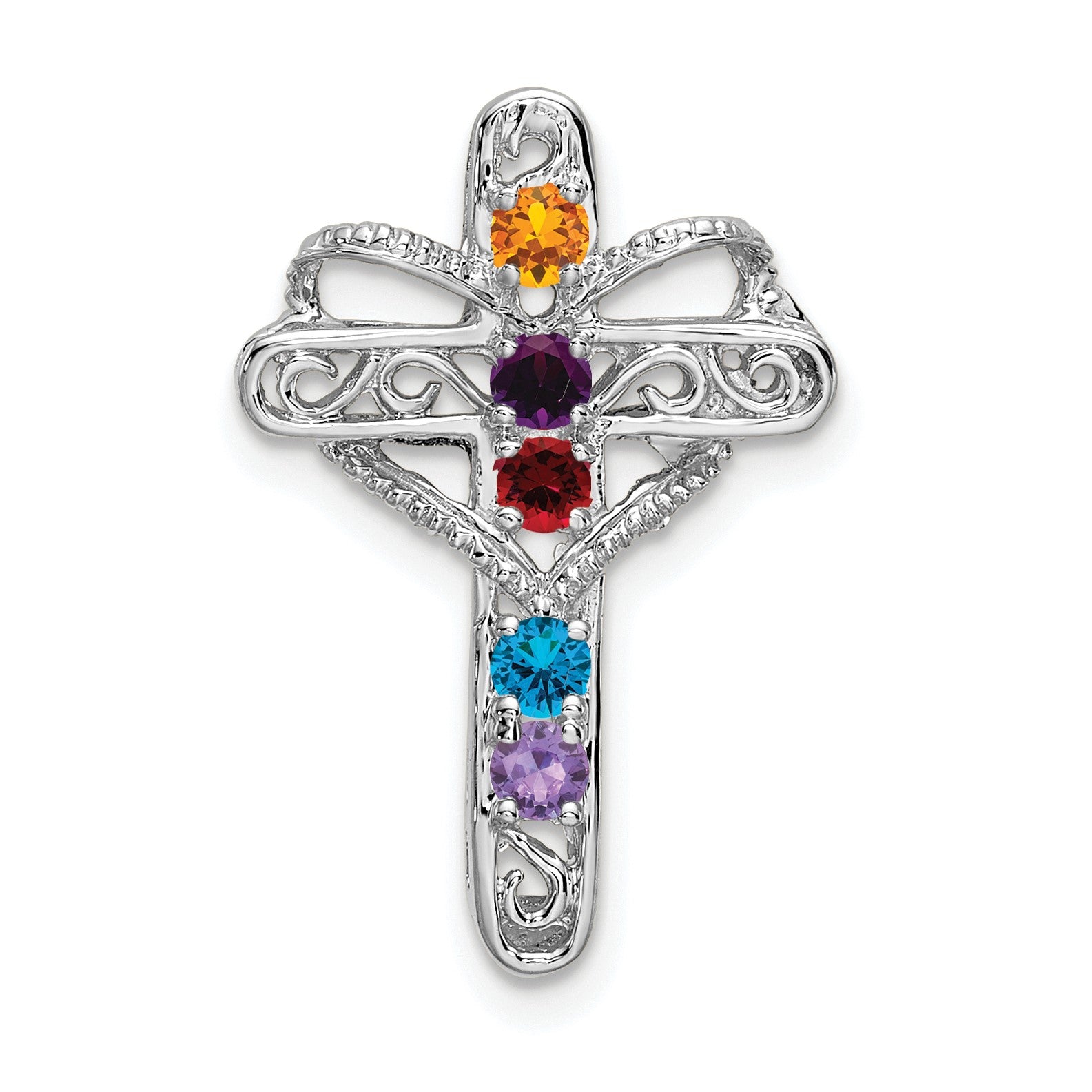 14k White Gold Polish Filigree 5-Stone Mothers Cross Pendant Mounting