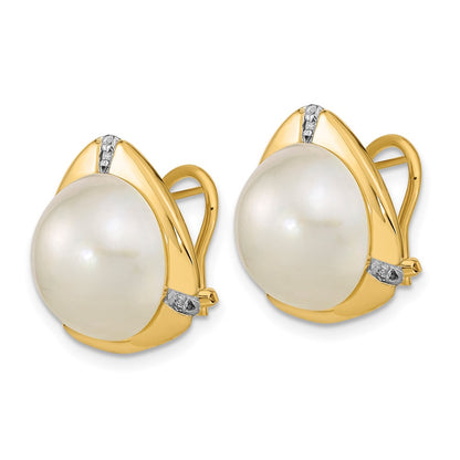 14k 12-13mm White Mabe Saltwater Cultured Pearl and .06 Carat Diamond Omega Back Earrings