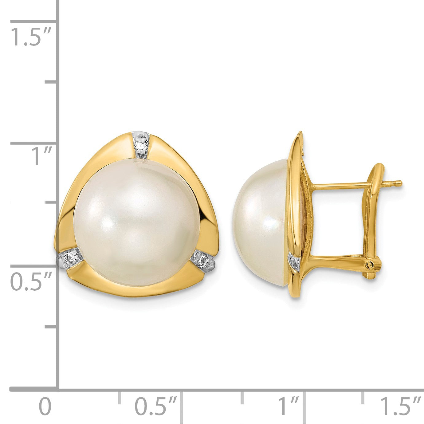 14k 12-13mm White Mabe Saltwater Cultured Pearl and .06 Carat Diamond Omega Back Earrings