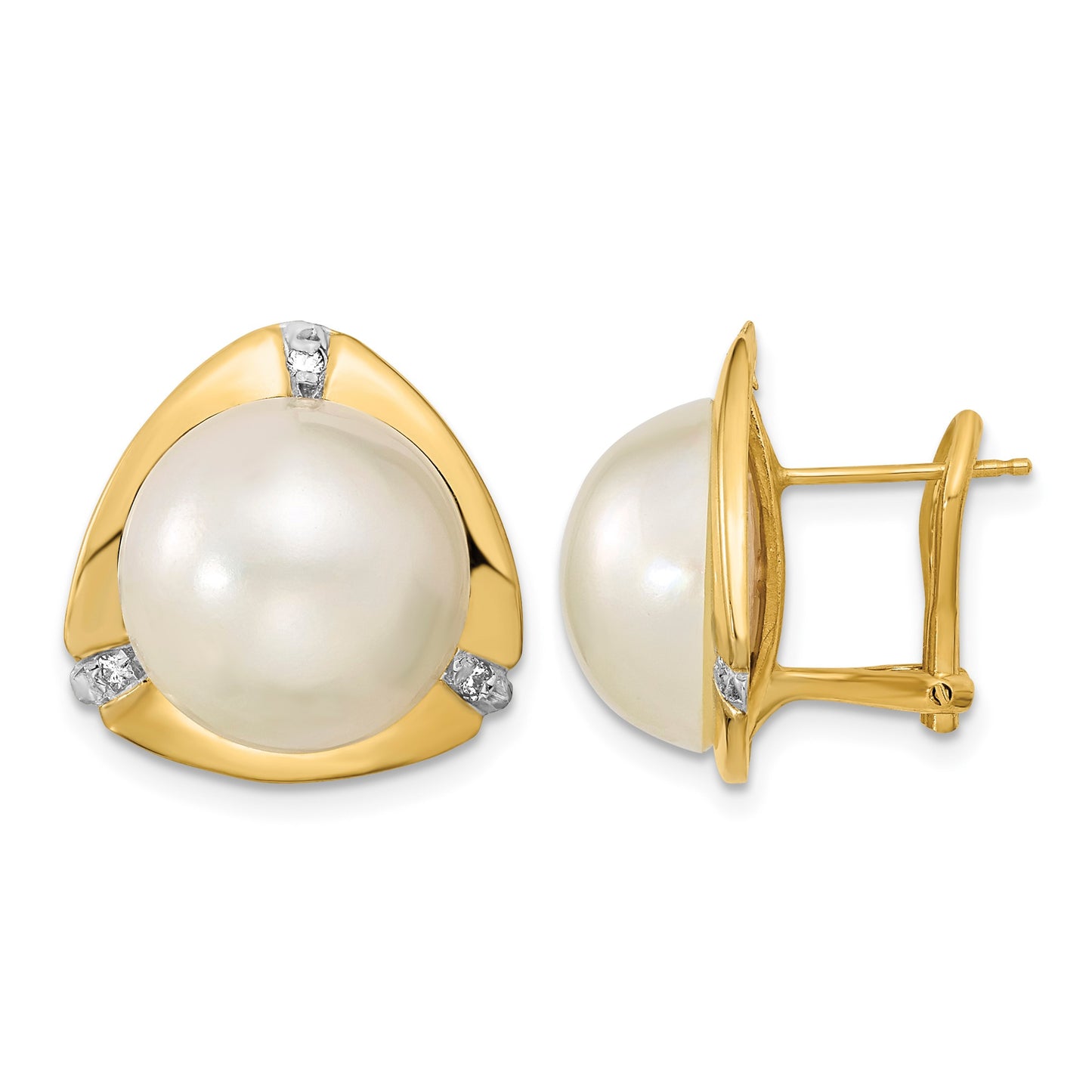 14k 12-13mm White Mabe Saltwater Cultured Pearl and .06 Carat Diamond Omega Back Earrings