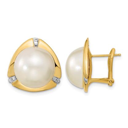 14k 12-13mm White Mabe Saltwater Cultured Pearl and .06 Carat Diamond Omega Back Earrings
