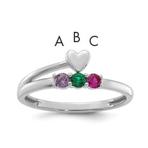14k White Gold Heart with 3 Birthstone Mother's  Ring Mounting
