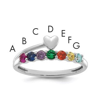 14k White Gold Heart with 7 Birthstone Mother's  Ring Mounting