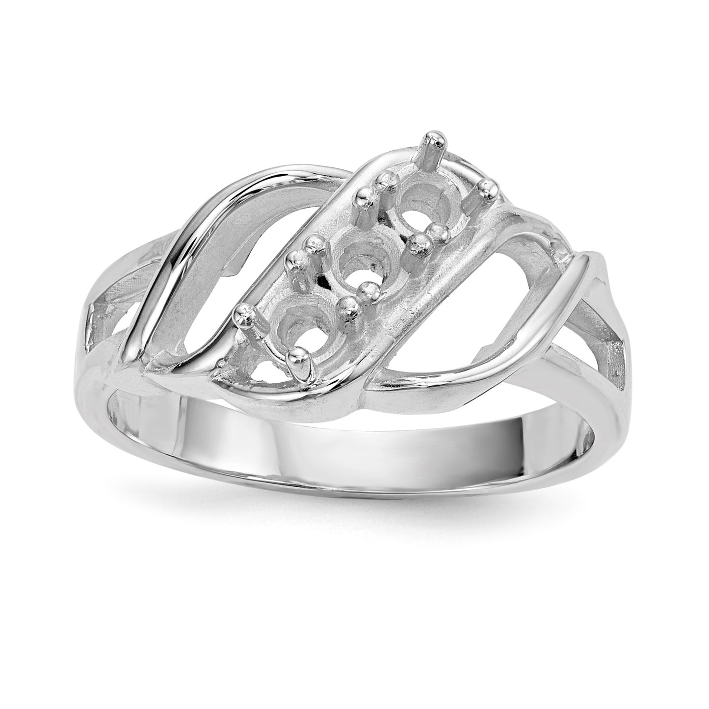14k White Gold Polished 3-Stone Mothers Ring Mounting