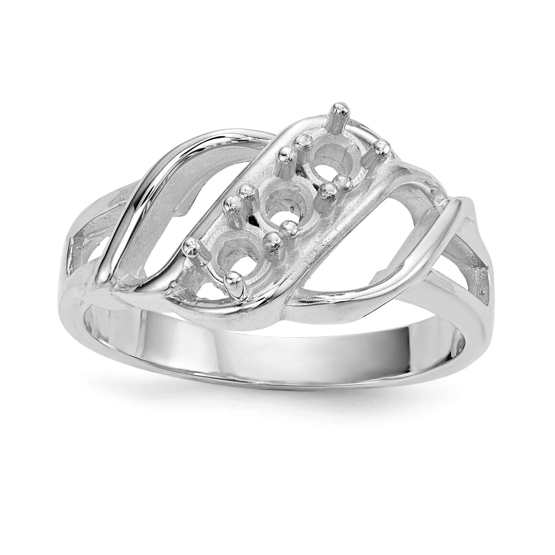 14k White Gold Polished 3-Stone Mothers Ring Mounting