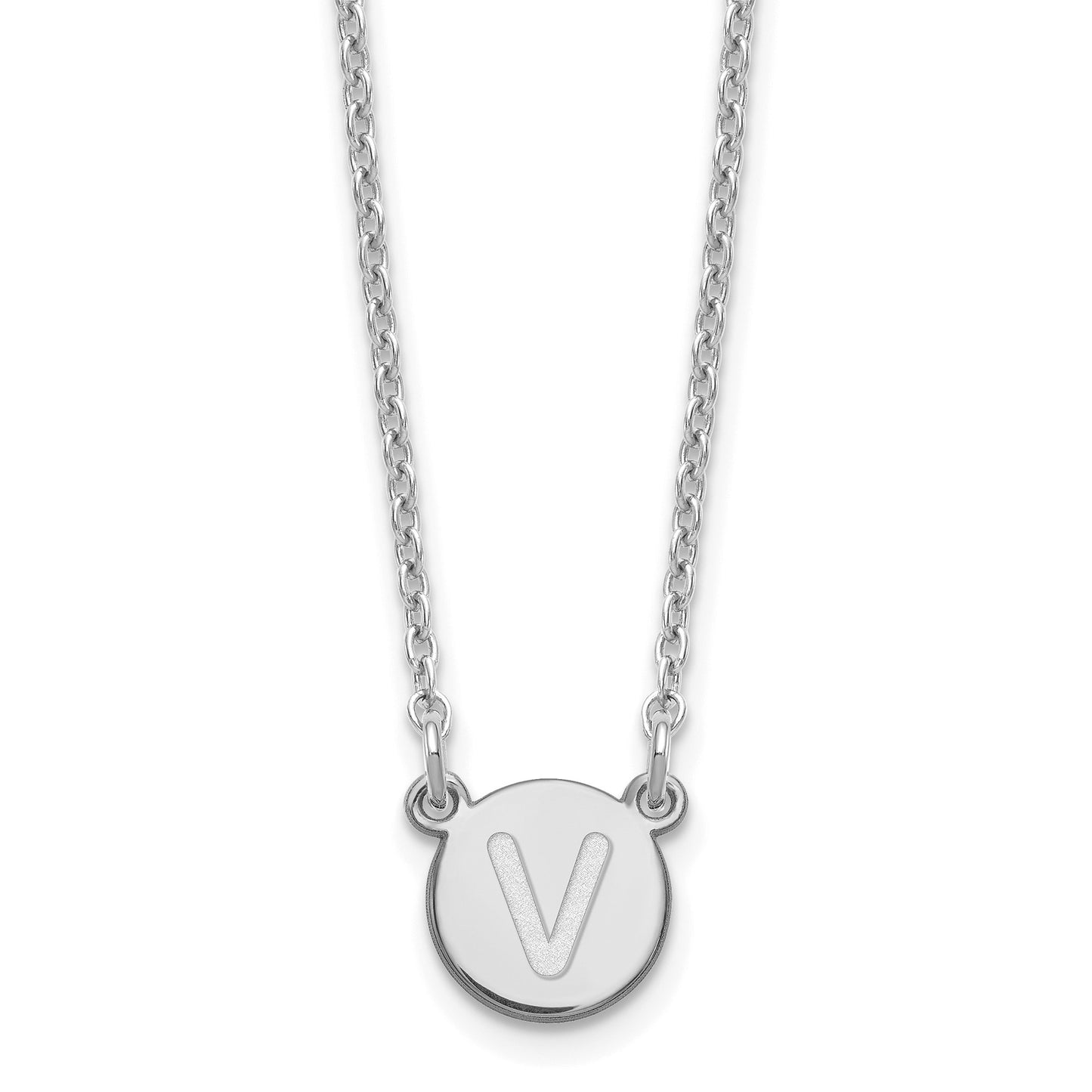 Sterling Silver Rhodium-plated Tiny Circle Block Letter V Initial Necklace
