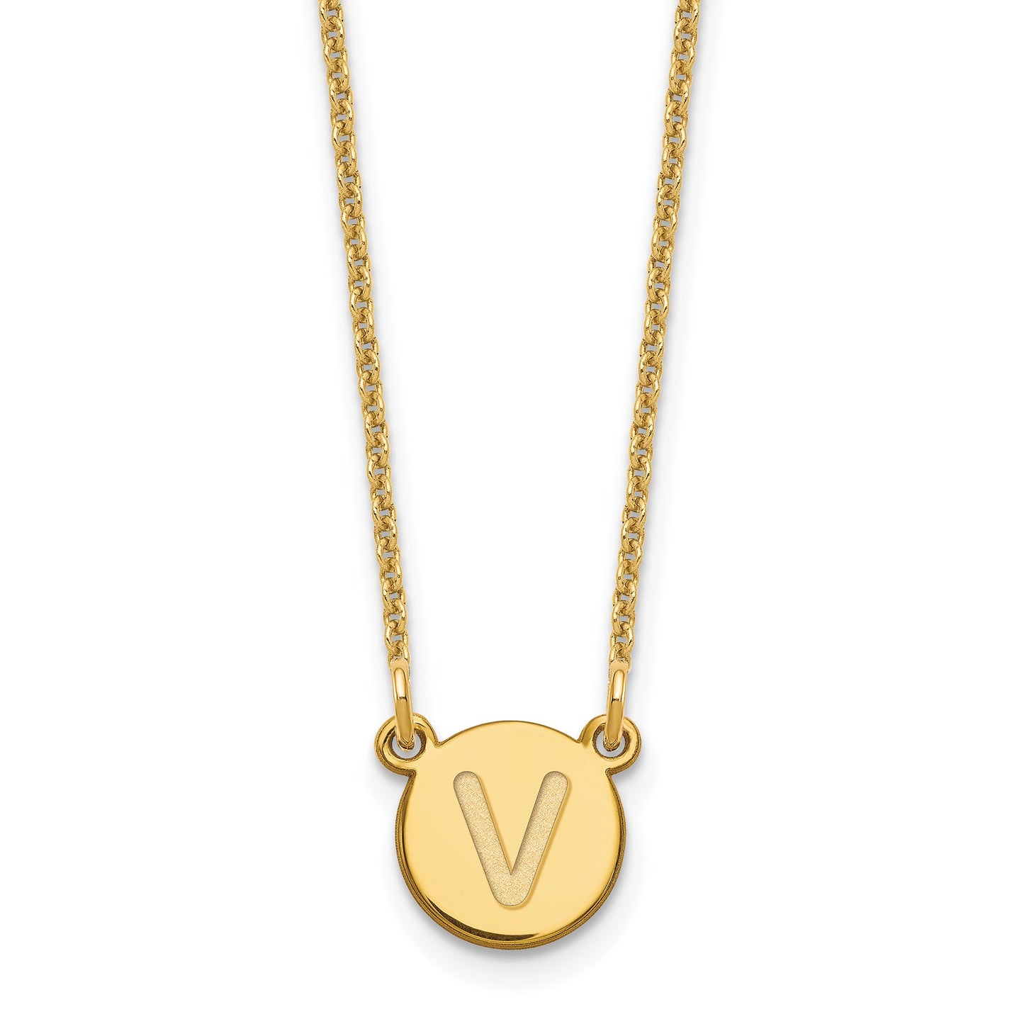 14KY Tiny Circle Block Letter V Initial Necklace