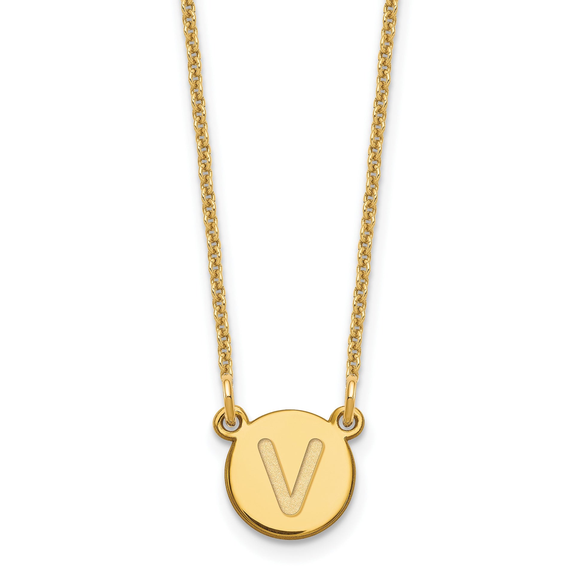 14KY Tiny Circle Block Letter V Initial Necklace