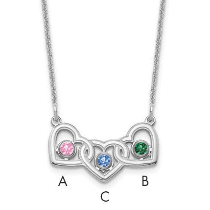 14KW 3 Hearts 3 Birthstones w/ 18k Rhodium Plated Bezels Necklace