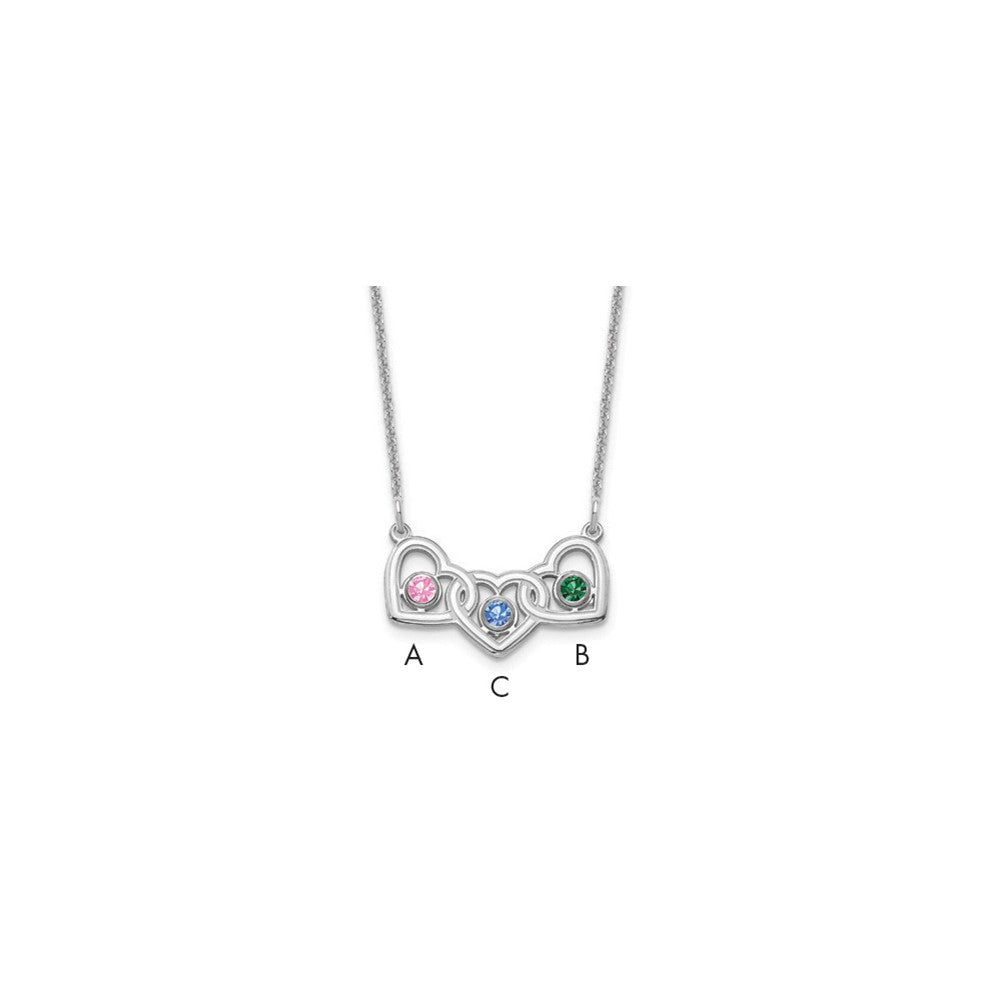 14KW 3 Hearts 3 Birthstones w/ 18k Rhodium Plated Bezels Necklace