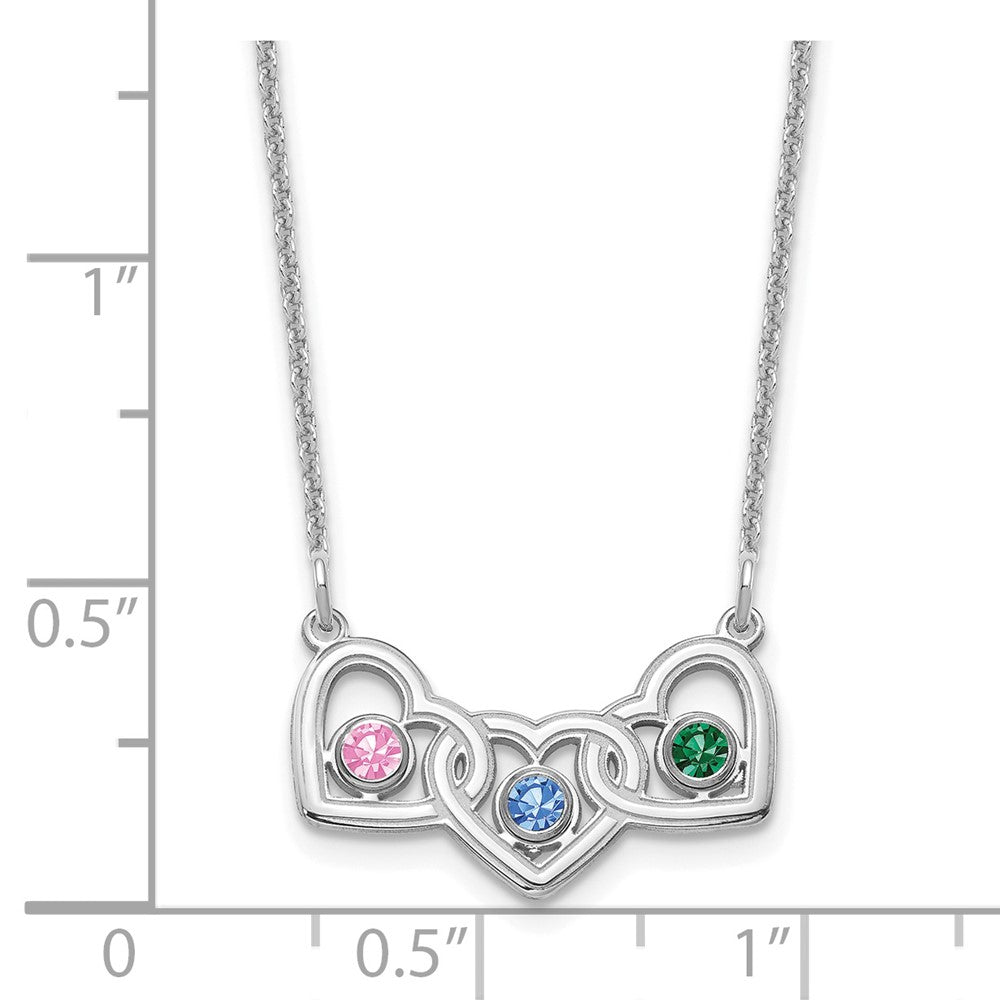 14KW 3 Hearts 3 Birthstones w/ 18k Rhodium Plated Bezels Necklace