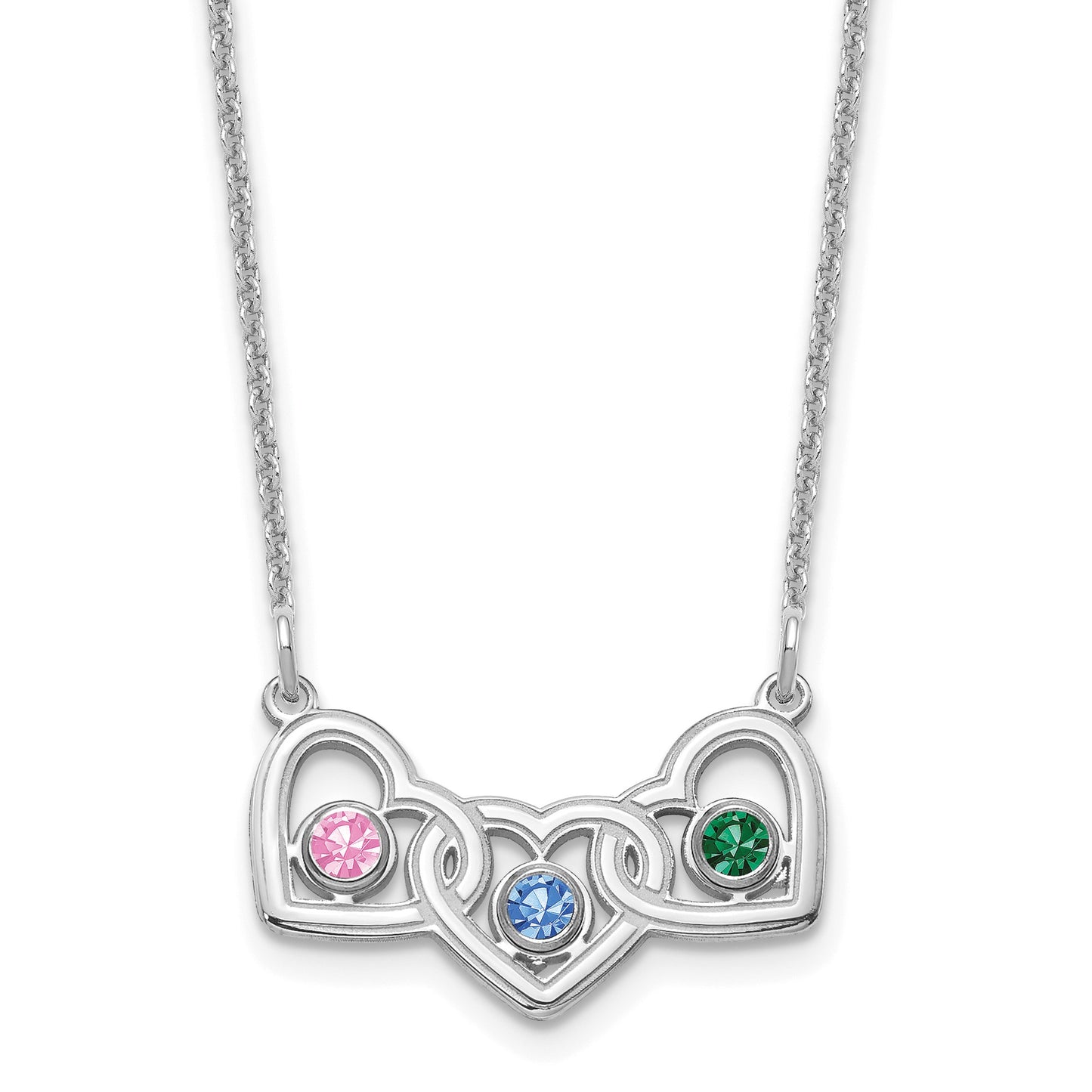 14KW 3 Hearts 3 Birthstones w/ 18k Rhodium Plated Bezels Necklace