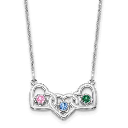 14KW 3 Hearts 3 Birthstones w/ 18k Rhodium Plated Bezels Necklace