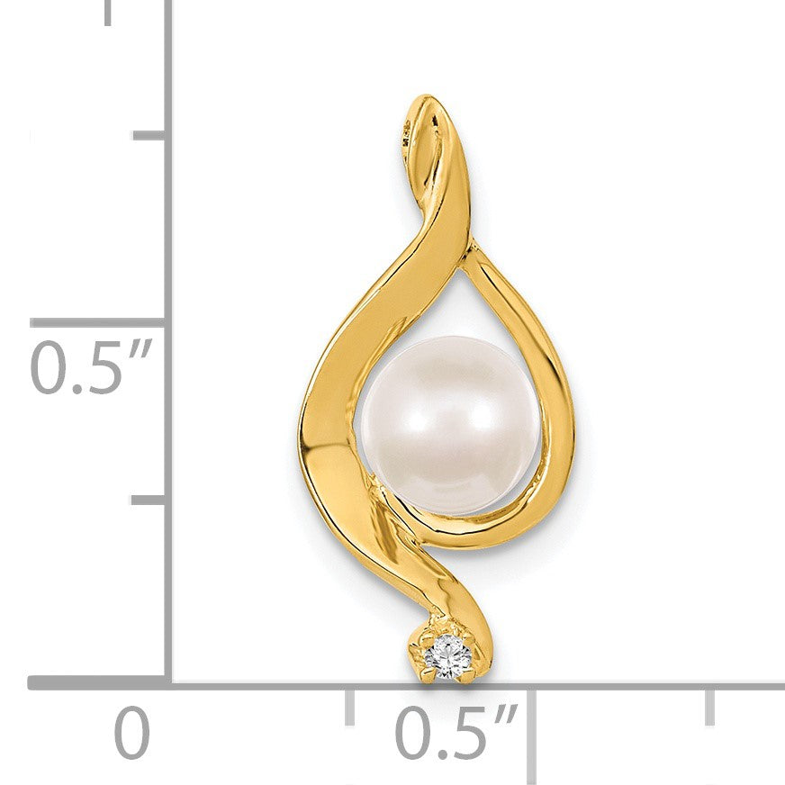 14k 5-6mm Near Round White Freshwater Cultured Pearl and AA Diamond Chain Slide