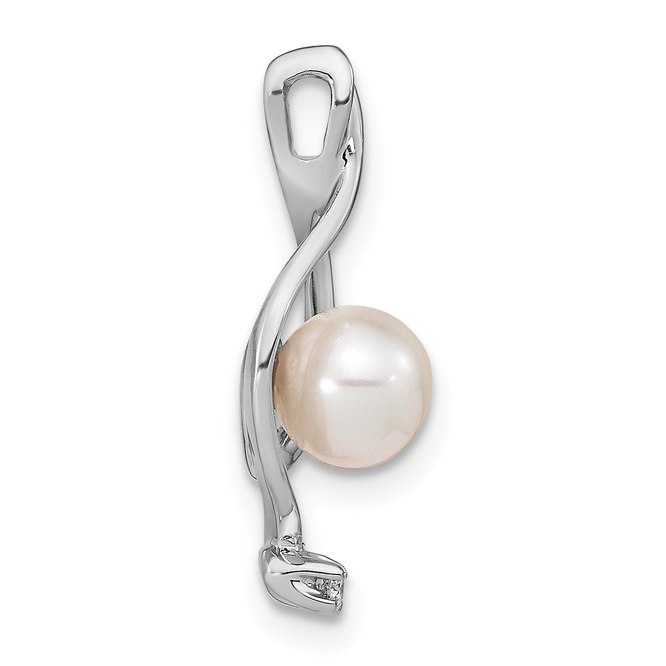14k White Gold 5-6mm Near Round White Freshwater Cultured Pearl and AA Diamond Chain Slide