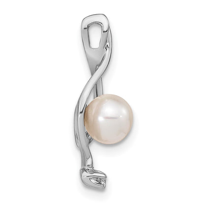 14k White Gold 5-6mm Near Round White Freshwater Cultured Pearl and AA Diamond Chain Slide