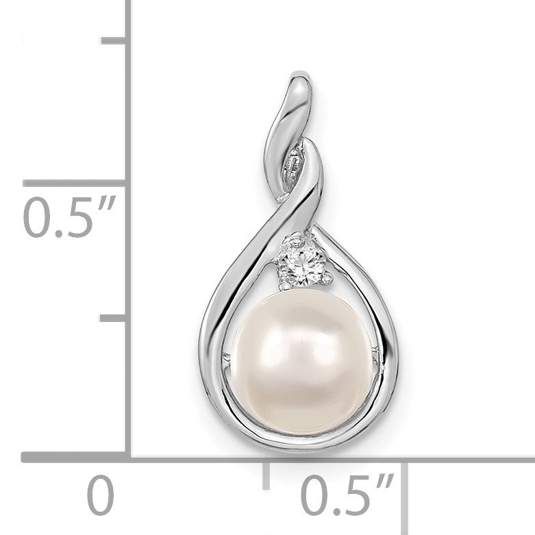 14k White Gold 7-8mm Near Round White Freshwater Cultured Pearl and AA Diamond Pendant