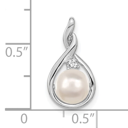 14k White Gold 7-8mm Near Round White Freshwater Cultured Pearl and AA Diamond Pendant
