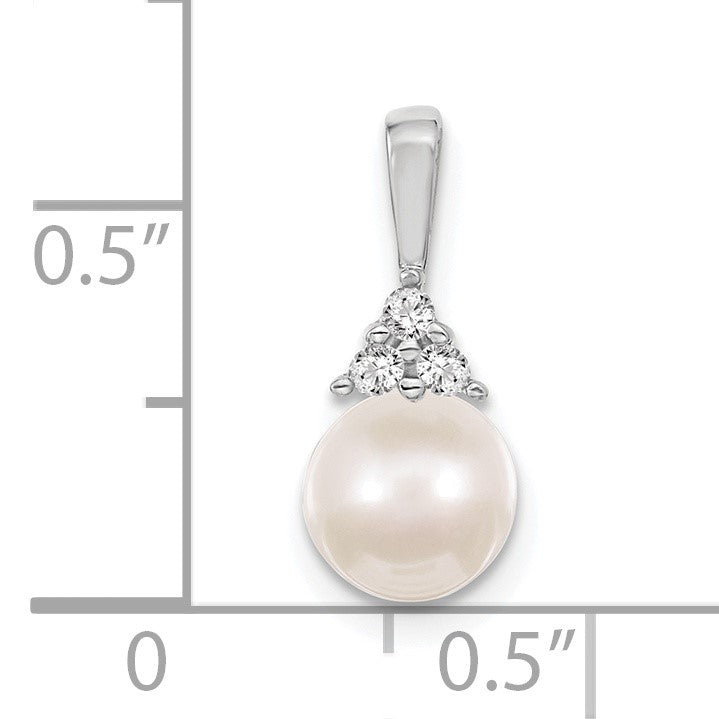 14k White Gold 7-8mm Near Round White Freshwater Cultured Pearl and AA Diamond Pendant