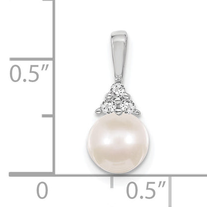14k White Gold 7-8mm Near Round White Freshwater Cultured Pearl and AA Diamond Pendant