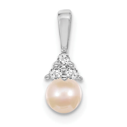 14k White Gold 7-8mm Near Round White Freshwater Cultured Pearl and AA Diamond Pendant