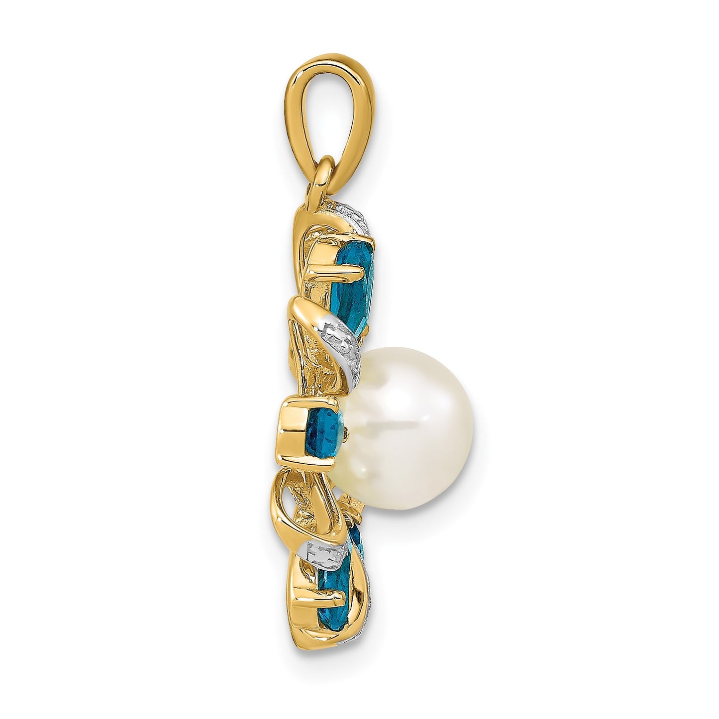 14k 6-7mm Button White Freshwater Cultured Pearl/Pear London Blue Topaz/Diamond Pendant
