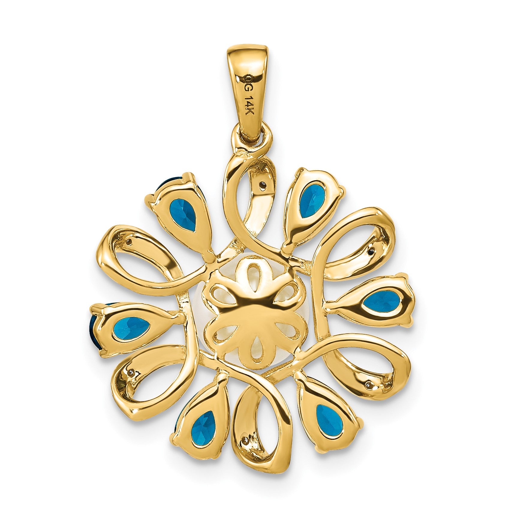 14k 6-7mm Button White Freshwater Cultured Pearl/Pear London Blue Topaz/Diamond Pendant