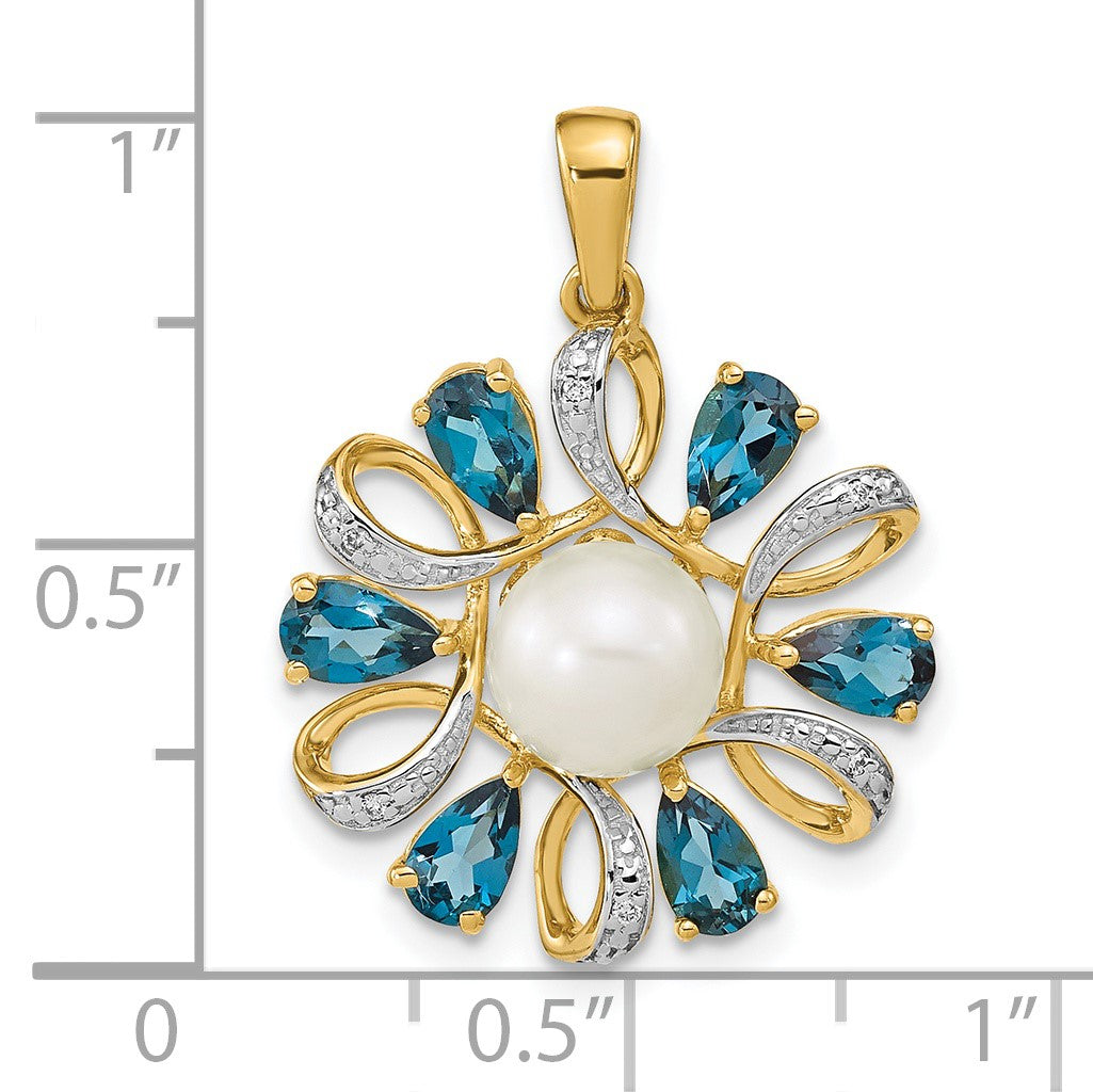 14k 6-7mm Button White Freshwater Cultured Pearl/Pear London Blue Topaz/Diamond Pendant